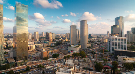 Tel Aviv-Yafo, Israel - September 23, 2020: Tel Aviv aerial panorama. Modern glass skyscrapers