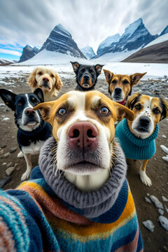 Dogs friends taking a selfie during a winter trip Generative AI