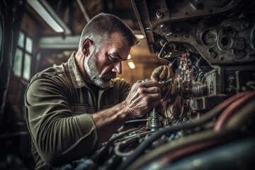 Plakat A car mechanic inside a workshop fixing a car, generative ai