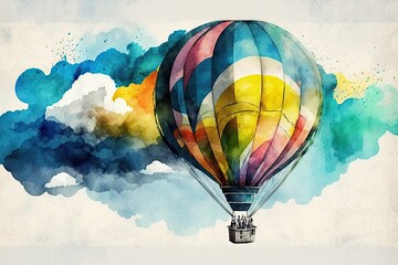 Hot air balloon travel, watercolor illustration. Generative AI