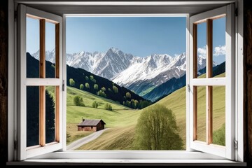 Mountain landscape with green hills, view from the window. Generative AI