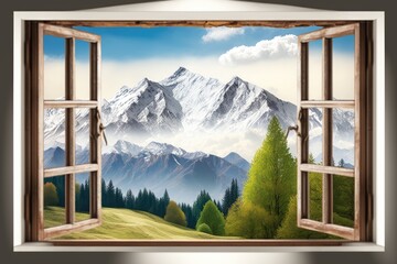 Illustration of snow-covered Alpine mountains, view from an open window. Generative AI