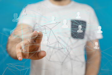holding 3D rendering group of blue people - connection