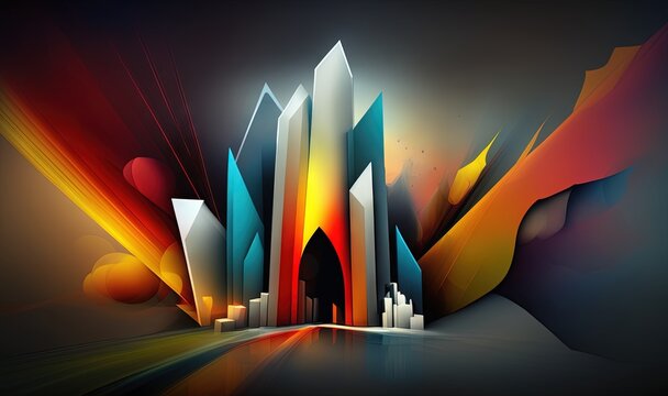  an abstract painting of a city with buildings and a rainbow colored sky in the background, with a black background and a red, yellow, orange, blue, yellow, green, white, and black. generative ai