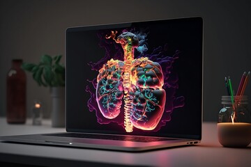 doctor's desk, digital laptop screen with a projection of human anatomy, holograms of the human body with various parameters and data, generative ai	