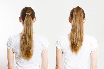Closeup woman different ponytails back view isolated white background. Hair Natural blonde straight...