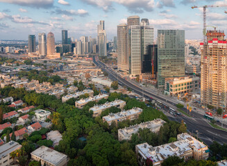 Tel Aviv-Yafo, Israel - September 23, 2020: Tel Aviv and Ramat Gan aerial view. Modern skyscrapers and green dormitory quaters