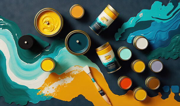  A Variety Of Paint And A Brush On A Blue Surface With Yellow And Blue Colors On The Paintbrush And The Paint Can Be Seen From Above.  Generative Ai