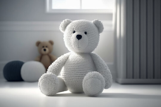 Cute white teddy bear in an empty children's room, kid's toy on the floor, background of the window. Light gray colors. Image is AI generated.