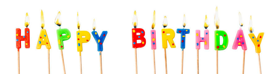 Colorful candles in letters saying Happy Birthday,
