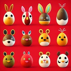Obraz premium Adorable Egg-Shaped Animals on Red Background: A Fun and Whimsical Collection for Your Design Needs - AI Generated