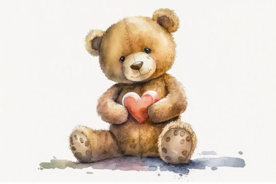 Teddy bear with a heart, watercolor style. AI generative.