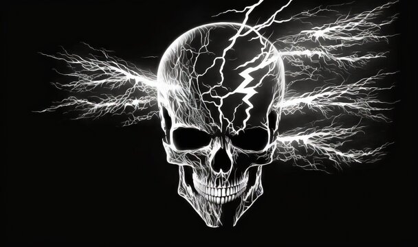  a skull with a lightning bolt on its head and a black background with a white outline of a skull on the left side of the image.  generative ai
