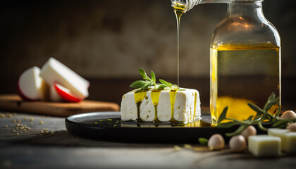 Obraz na płótnie Canvas Mozzarella cheese with olive oil. Tasty condiments, italian vegetarian breakfast, ai generated