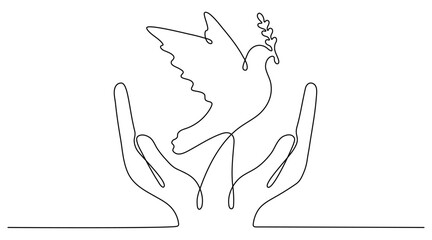 Continuous line drawing hands with flying dove with olive branch. Peace bird linear symbol. Vector illustration isolated on white.