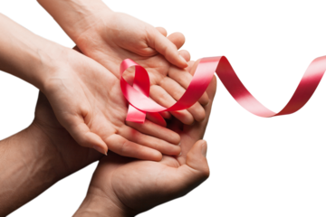 Man and woman holding red ribbon on background