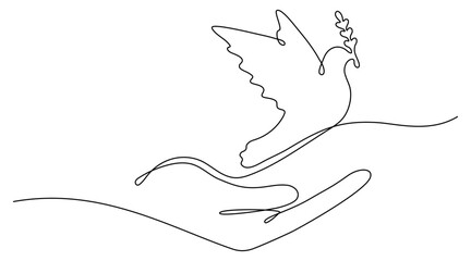 Continuous line drawing hand with flying dove with olive branch. Freedom linear bird symbol. Vector illustration isolated on white.