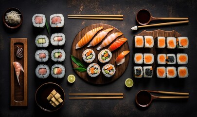  a plate of sushi and chopsticks with chopsticks on the side of the plate and chopsticks on the side.  generative ai