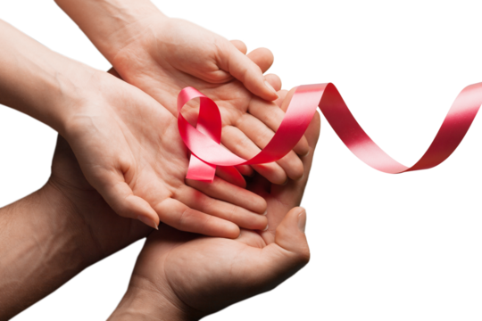 Man and woman holding red ribbon on background