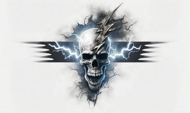  a skull with a lightning bolt on it's head and a lightning bolt in the middle of the skull's head, on a white background.  generative ai