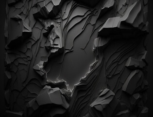 Abstract Black Crumbled Rock Background with dramatic lighting. For product placement or various design backgrounds.