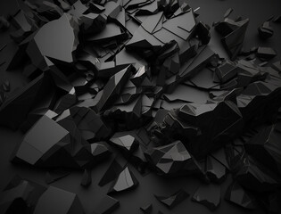 Edgy Elegance, Abstract Black Crumbled Rock Background with dramatic lighting. High quality render.