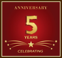 5th anniversary logo template. Golden number 5 years with stars on a red background in the frame. Vector holiday design for greeting card, leaflet, cover, poster, web, birthday