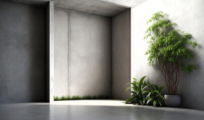  an empty room with a potted plant and a concrete wall in the corner of the room, with a concrete floor and walls in the background.  generative ai