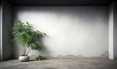  a potted plant sitting in a corner of a room with a concrete wall and a concrete floor with a cement wall and a cement floor.  generative ai