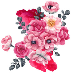 Watercolor composition with flowers in trendy colors of viva magenta and watercolor texture. For wedding invitations, design and print of textile. Bohemian red, pink and burgundy floral.