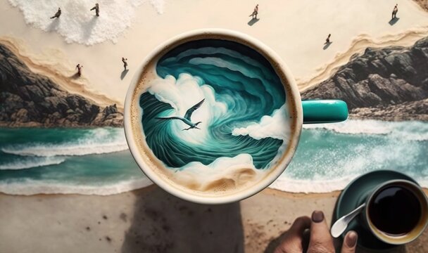  a person holding a cup of coffee with a painting of a wave on it and a bird flying over the top of the coffee cup.  generative ai