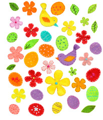 Easter felt elements with stitches for design - colored eggs, flowers, birds, leaves, decorated with embroidery, png.