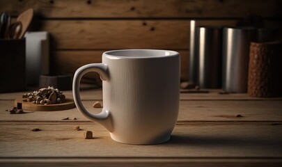  a white coffee cup sitting on top of a wooden table next to a spoon and a cup of coffee on top of a wooden table.  generative ai