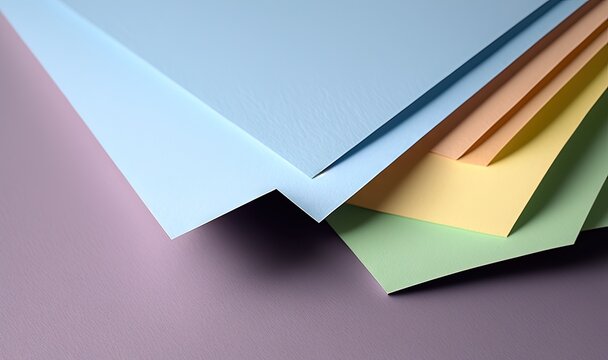  a stack of different colored papers on a purple surface with a light blue one in the middle of the image and a light blue one in the middle of the image.  generative ai