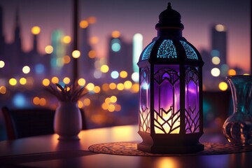 Arabic lantern on the cafe table. Modern arab city on background. Holy Month of Ramadan concept. Generative AI.	