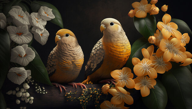 two small, brightly colored parakeets perched on a branch amidst a cluster of delicate white and yellow flowers. The background is dark,