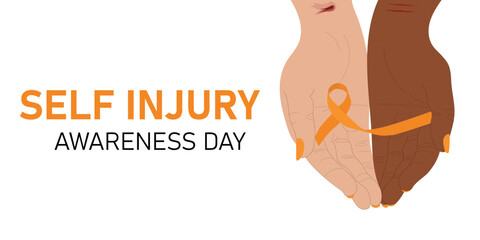 Self Injury Awareness Day. Hands holding a orange ribbon. Medicine illustration 