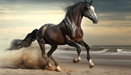Fototapeta na wymiar beautiful image of a huge brown horse running on the beach in the sand