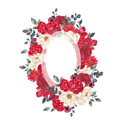 Watercolor floral frames with pink and red flowers. Trendy color viva magenta. Color of the year. Isolated on white background