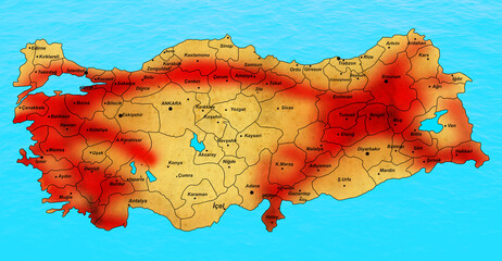 Turkey earthquake map. Earthquake fault line map. - obrazy, fototapety, plakaty