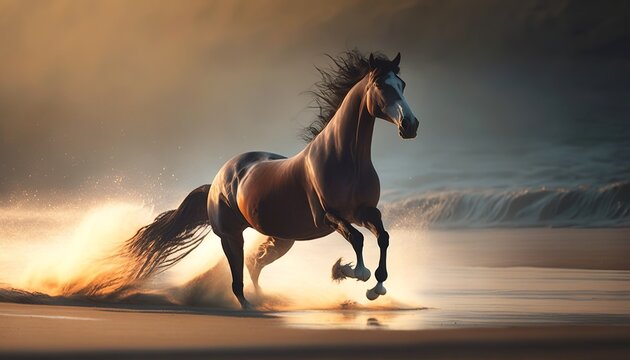 beautiful image of a huge brown horse running on the beach in the sand