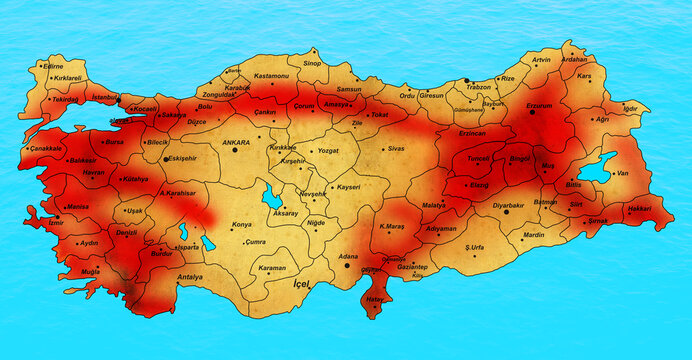 Turkey earthquake map. Earthquake fault line map.