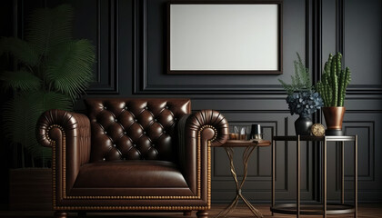 A luxurious living room with beautiful upscale leather furniture and a square blank frame mockup, rendered in photorealistic detail for an ultra-realistic perfection