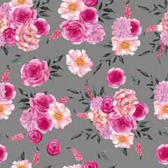 Seamless pattern with watercolor flowers and leaves in trendy color of viva magenta, isolated on colored background
