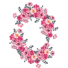 Naklejka premium Watercolor wreath with magenta colors, pink and red flowers, isolated on white background