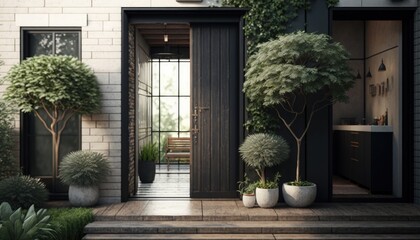 Fototapeta na wymiar Modern entrance, black simple door for a luxury house