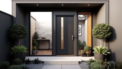 Modern entrance, black simple door for a luxury house - obrazy, fototapety, plakaty