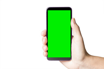 Hand holding smartphone with green screen. Mobile phone with chroma key. smartphone concept. app concept.