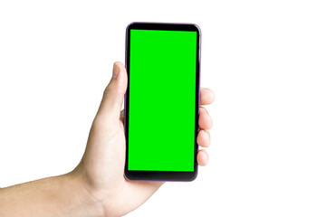 Hand holding smartphone with green screen. Mobile phone with chroma key. smartphone concept. app concept.