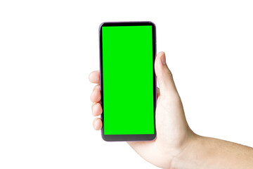 Hand holding smartphone with green screen. Mobile phone with chroma key. smartphone concept. app concept.